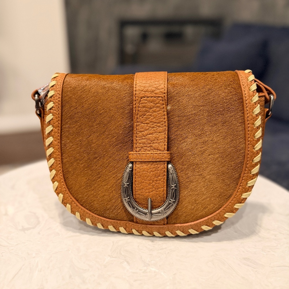 Trinity Ranch Western Hair-On Cowhide Saddle Crossbody Brown
